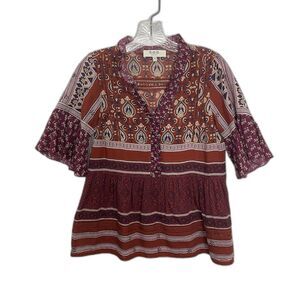 Sea New York Women Tilly Floral Ruffled V Neck Patchwork Blouse Sz 2 Burgundy